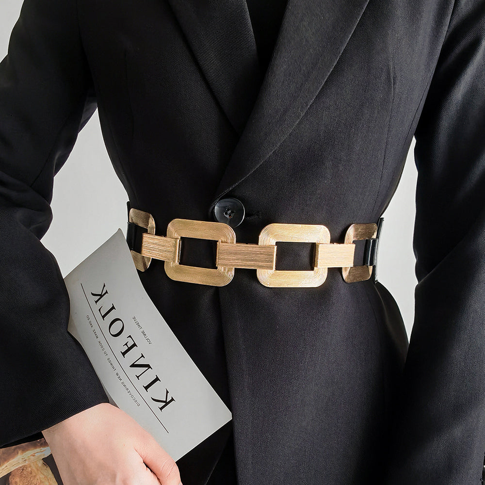 The New Women's Gold Black Wide Belt Decoration Fashion Elastic Metal 
 Product information:
 
 Style:all-match fashion
 
 Material
 :
 Alloy
 


 Treatment process: electroplating
 
 Details&amp;Type:chain   Elastic stretch 


 Produc