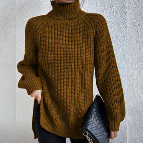 Turtleneck pullover sweater for women with split hem and thick mid-length knit