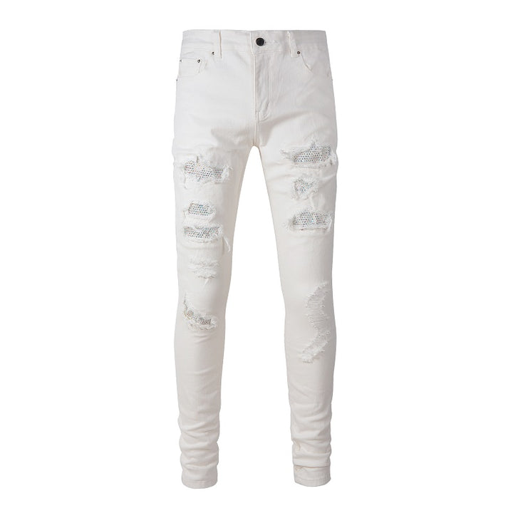 Hot Drill Patch Hole White Slim-Fit Pants for Men