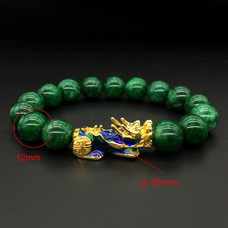 Thermochromic 12mm Green Chalcedony Warm Color Mascot Bracelet
 Describe:
 
 Let me talk about a legendary story: a long time ago, there was an animal called Paixiu. He is the ninth son of the Dragon King. Gold and silver jewel