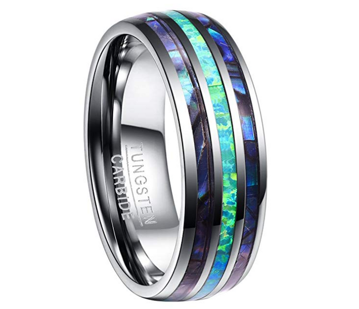 Sophisticated Tungsten Wedding Ring: Abalone & Opal Inlay