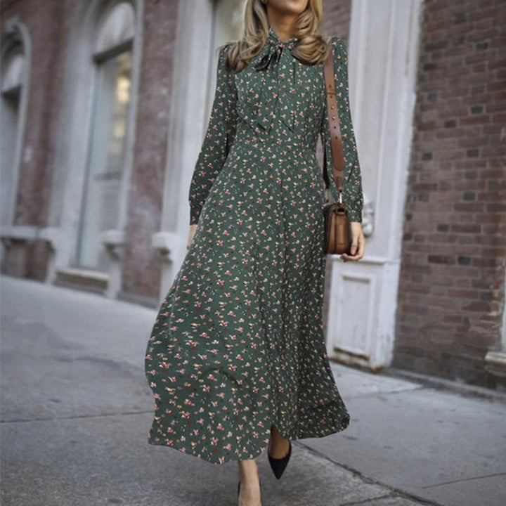 Bow Tie Collar Long Sleeve Floral A-Line Skirt Dress