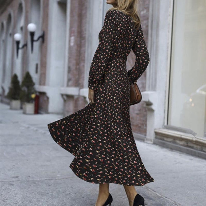 Bow Tie Collar Long Sleeve Floral A-Line Skirt Dress