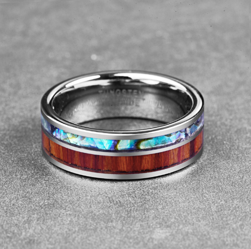 Men's 8MM Tungsten Carbide Ring – Polished Finish with Natural Wood & Shell Inlay | Fashion Anniversary Band
