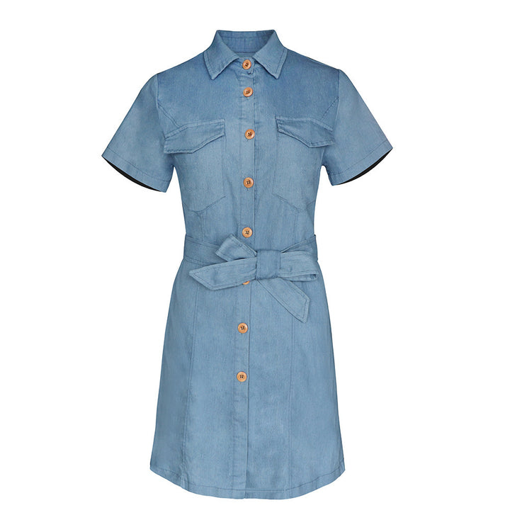Women's Lapel Slim Short Sleeve Denim Dress