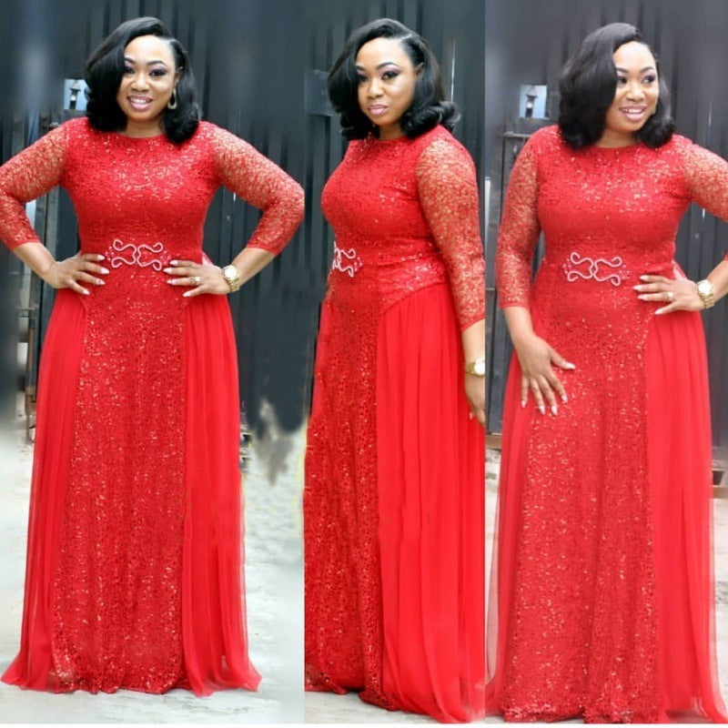 African Women's Dresses Lace Navy Blue Red