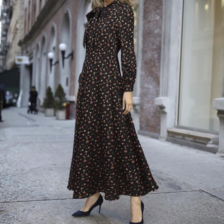 Bow Tie Collar Long Sleeve Floral A-Line Skirt Dress