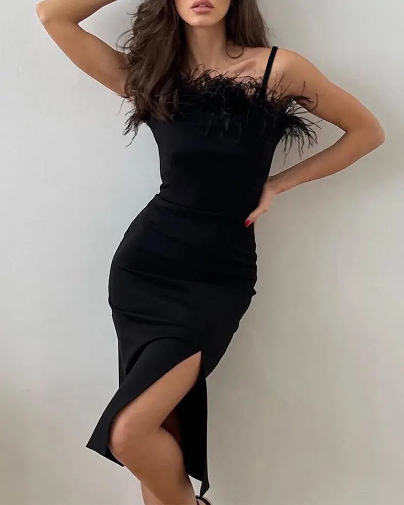 Sling Feather Trim High Slit Party Slim Fit Dress
 Product information:
 
 Pattern: solid color
 
 Fabric name: Polyester
 
 Color: black, dark pink
 
 Sleeve type: sleeveless
 
 Main fabric composition: Polyester 