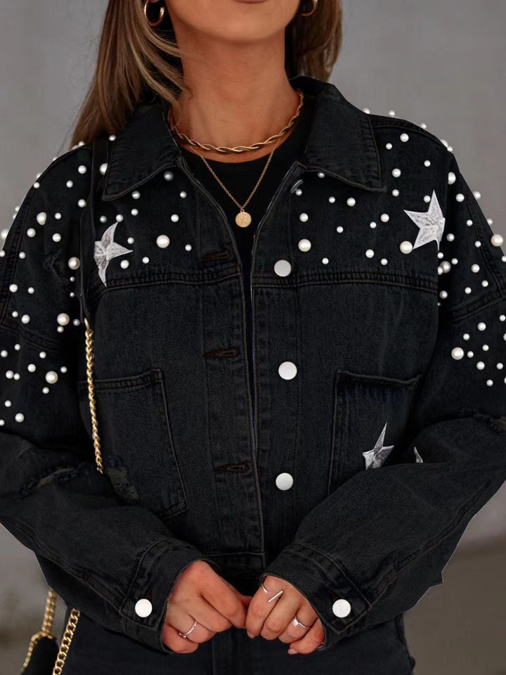 European And American Heavy Industry Beads Women's Loose Denim Jacket
 Product information:
 
 Fabric name: Denim
 
 Color: Snowflake blue, black
 
 Sleeve type: Regular sleeve
 
 Main fabric composition: Spandex
 
 Size: S,m,l,xl
 
 