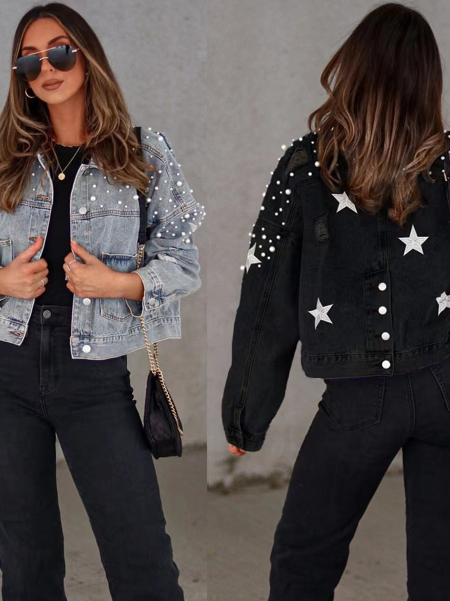 European And American Heavy Industry Beads Women's Loose Denim Jacket
 Product information:
 
 Fabric name: Denim
 
 Color: Snowflake blue, black
 
 Sleeve type: Regular sleeve
 
 Main fabric composition: Spandex
 
 Size: S,m,l,xl
 
 