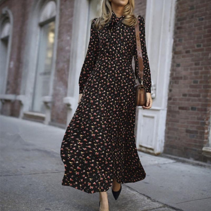 Bow Tie Collar Long Sleeve Floral A-Line Skirt Dress