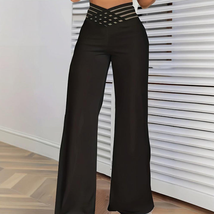 Women's Transparent Mesh Patchwork High Waist Pants With Elegant Cross Detail, Solid Color Fashion Trousers