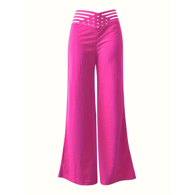 Women's Transparent Mesh Patchwork High Waist Pants With Elegant Cross Detail, Solid Color Fashion Trousers