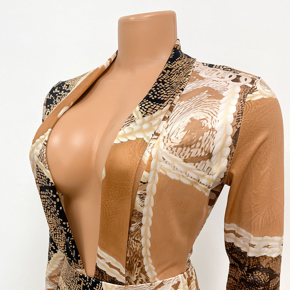 Jumpsuit Long Sleeve Printed Pants Suit
 Product information:
 
 Pattern: Printing
 
 Color: OS6501 Brown
 
 Top sleeve length: long sleeve
 
 Pants length: trousers
 
 Size: S,M,L,XL,XXL
 
 Style type: t