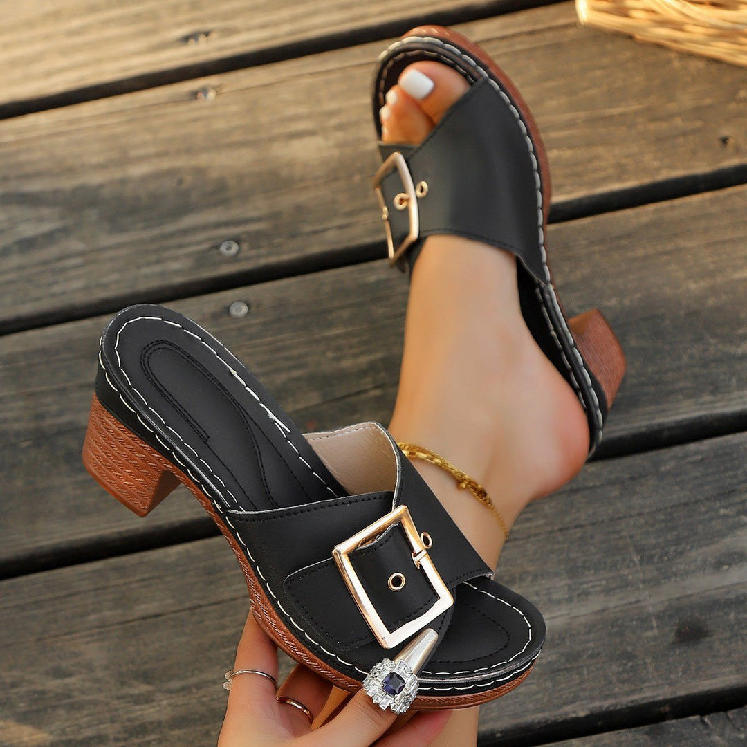 2025 Women's Chunky Heel Buckle Slippers – Summer Metal Beach Slides - Glow Goddess