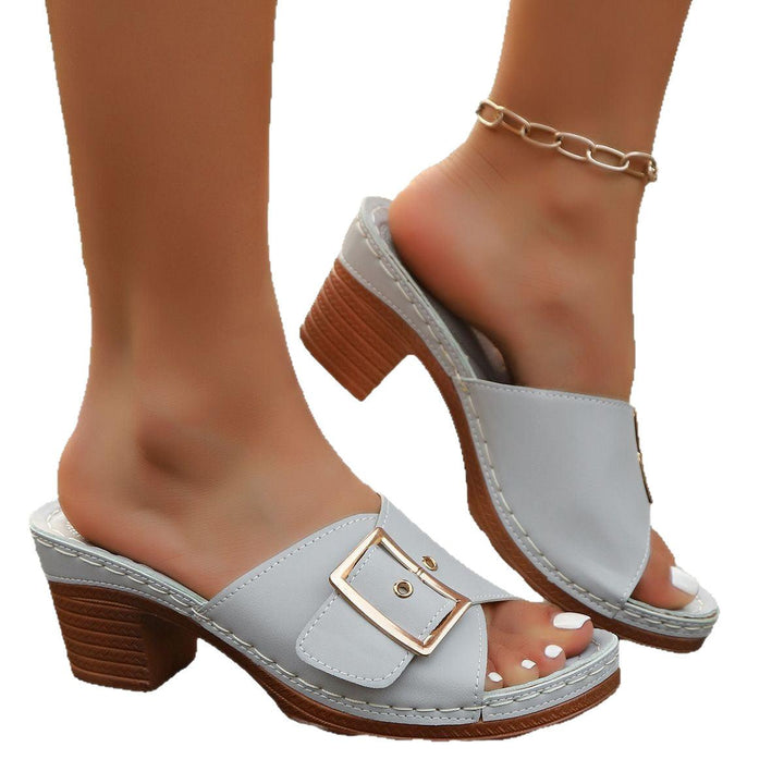2025 Women's Chunky Heel Buckle Slippers – Summer Metal Beach Slides - Glow Goddess