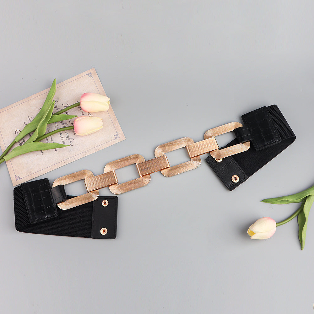 The New Women's Gold Black Wide Belt Decoration Fashion Elastic Metal 
 Product information:
 
 Style:all-match fashion
 
 Material
 :
 Alloy
 


 Treatment process: electroplating
 
 Details&amp;Type:chain   Elastic stretch 


 Produc