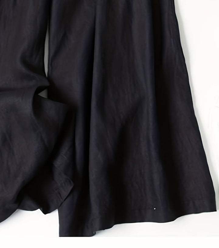Comfortable Women's High Waist Wide-Leg Pants - Solid Black, Elastic Waistband With Pockets, Casual All-Season Polyester Trousers