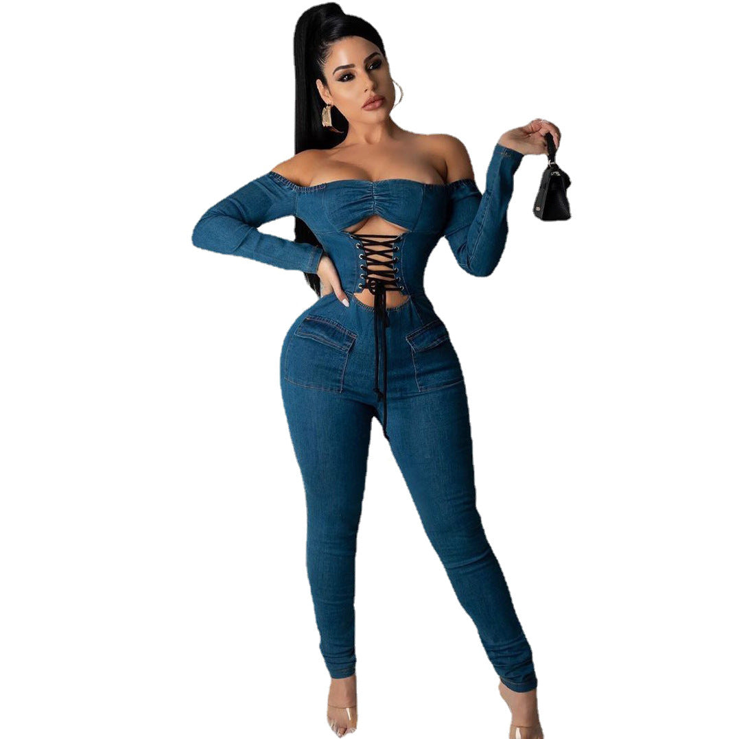 Women's One-piece Shoulder Strap Denim Jumpsuit
 
 Product information :
 
 
 Main fabric composition: cotton
 
 Waist type: middle waist
 
 Color: dark blue
 
 
 
 Size Information:
 
 
 Size: S,M,L,XL,XXL
 
 

