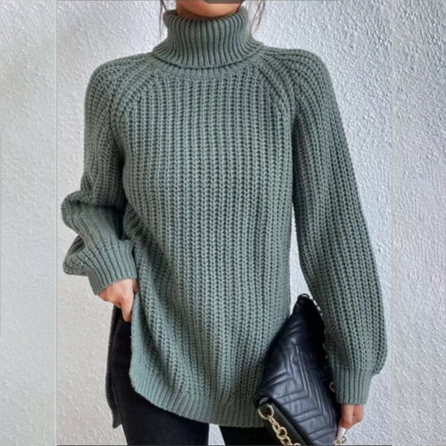 Turtleneck pullover sweater for women with split hem and thick mid-length knit