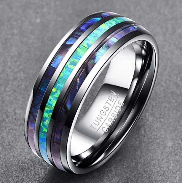 Sophisticated Tungsten Wedding Ring: Abalone & Opal Inlay