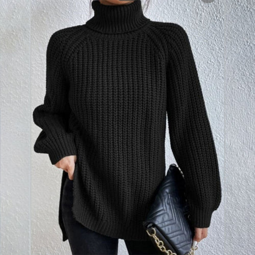 Turtleneck pullover sweater for women with split hem and thick mid-length knit
