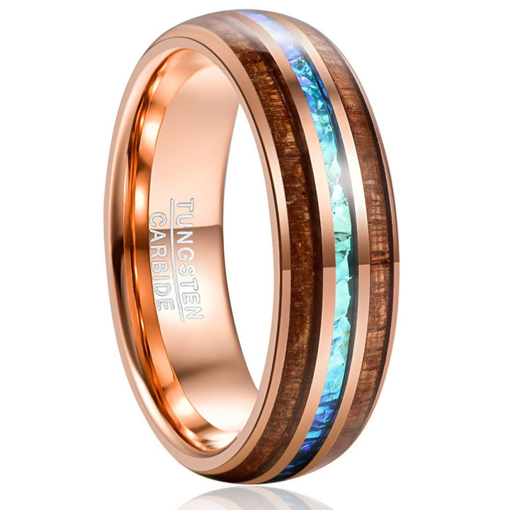Rose Gold Inlaid Acacia Wood Opal Dome Tungsten Steel Ring