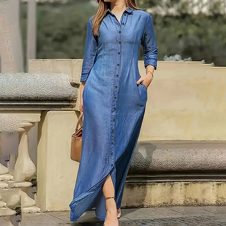 Women's Casual Denim Maxi Dress – Long Sleeve Button-Down Jean Dress with Pockets