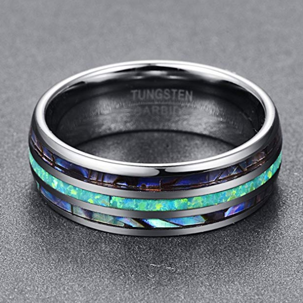 Sophisticated Tungsten Wedding Ring: Abalone & Opal Inlay