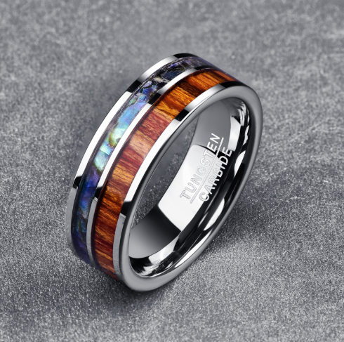 Men's 8MM Tungsten Carbide Ring – Polished Finish with Natural Wood & Shell Inlay | Fashion Anniversary Band