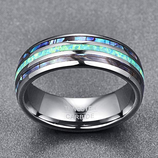 Sophisticated Tungsten Wedding Ring: Abalone & Opal Inlay
