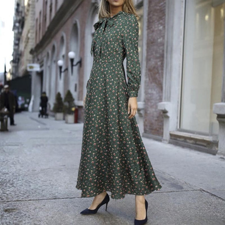 Bow Tie Collar Long Sleeve Floral A-Line Skirt Dress