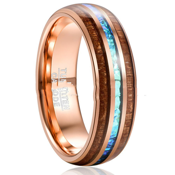 Rose Gold Inlaid Acacia Wood Opal Dome Tungsten Steel Ring