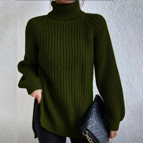 Turtleneck pullover sweater for women with split hem and thick mid-length knit