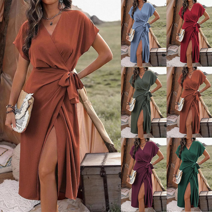 Commuting Fashion Forged Split Women's Solid Color Wrap Suspender Dress