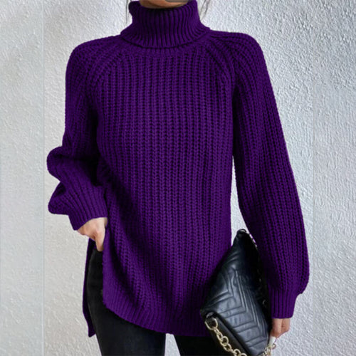 Turtleneck pullover sweater for women with split hem and thick mid-length knit