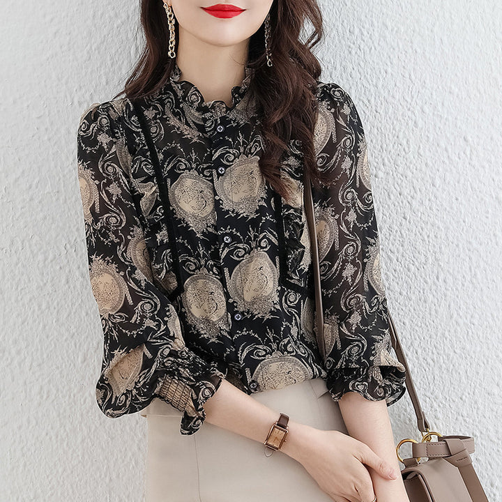 Black Printed Chiffon Shirt Women's Ruffled Stand Collar Temperament