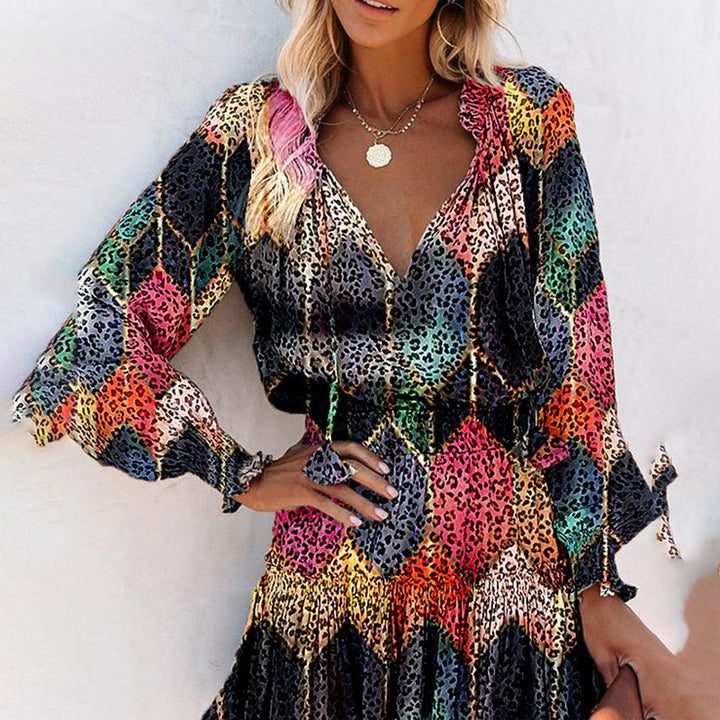 Women's Bohemian Print V-Neck Long Sleeve Dress - Flowy Beach Dress With Elastic Waist