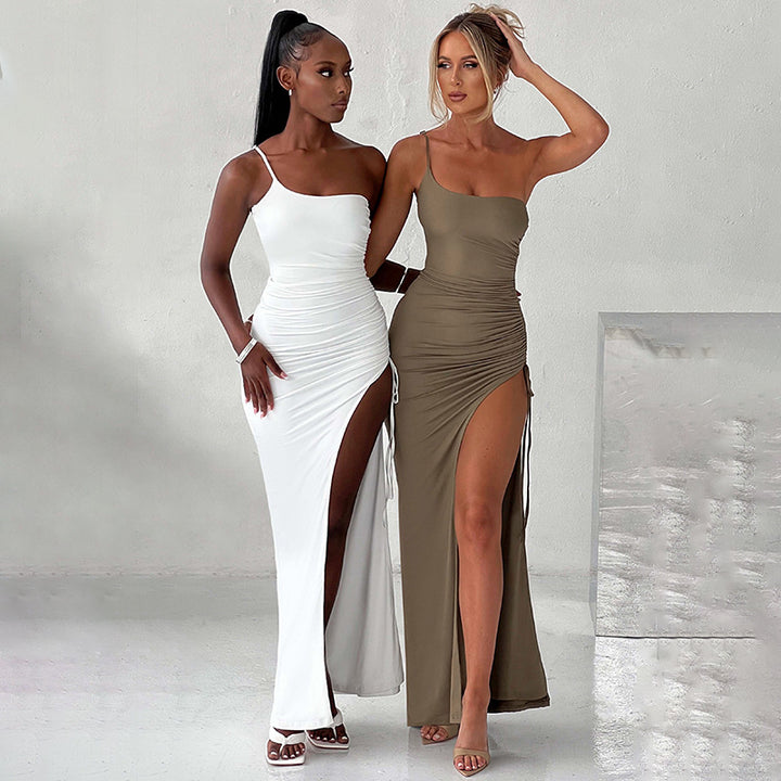 New One-Shoulder Strap Dress with Tight Fit and High Split