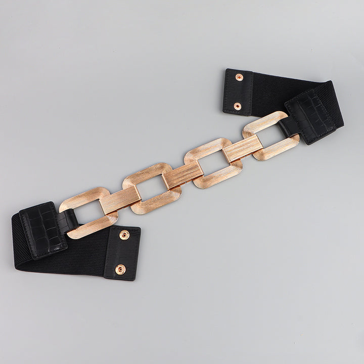 The New Women's Gold Black Wide Belt Decoration Fashion Elastic Metal 
 Product information:
 
 Style:all-match fashion
 
 Material
 :
 Alloy
 


 Treatment process: electroplating
 
 Details&amp;Type:chain   Elastic stretch 


 Produc