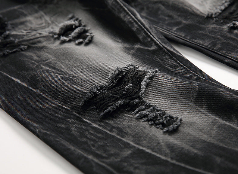 Ripped Black Jeans - Men's Plus Size Straight-Leg Denim for Autumn and Winter
