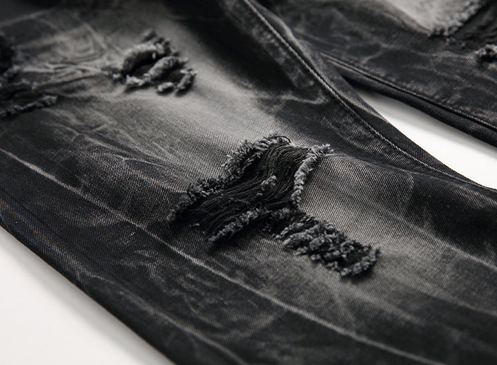 Ripped Black Jeans - Men's Plus Size Straight-Leg Denim for Autumn and Winter