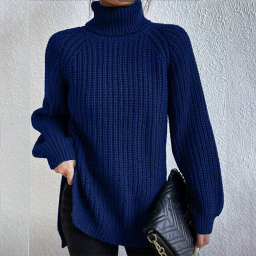 Turtleneck pullover sweater for women with split hem and thick mid-length knit