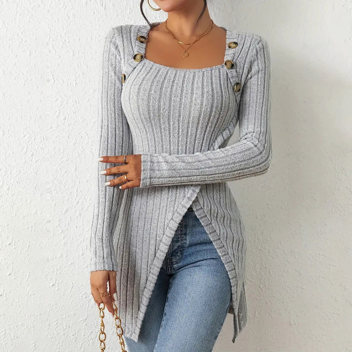 Elegant Women's Solid Color Slim-Fit Long Sleeve Top - Square Neck & Button Detail With Asymmetric Hem, Casual Fall&Spring Blouse