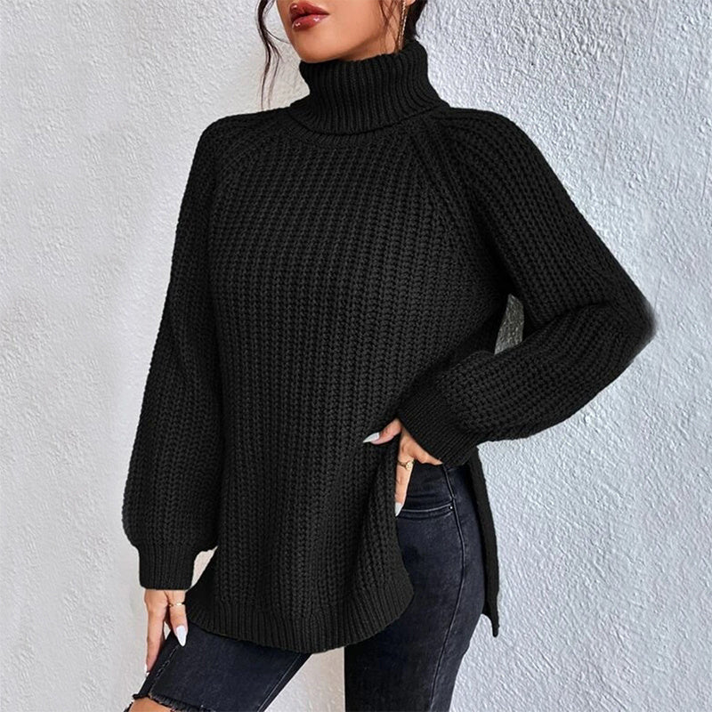 Turtleneck pullover sweater for women with split hem and thick mid-length knit