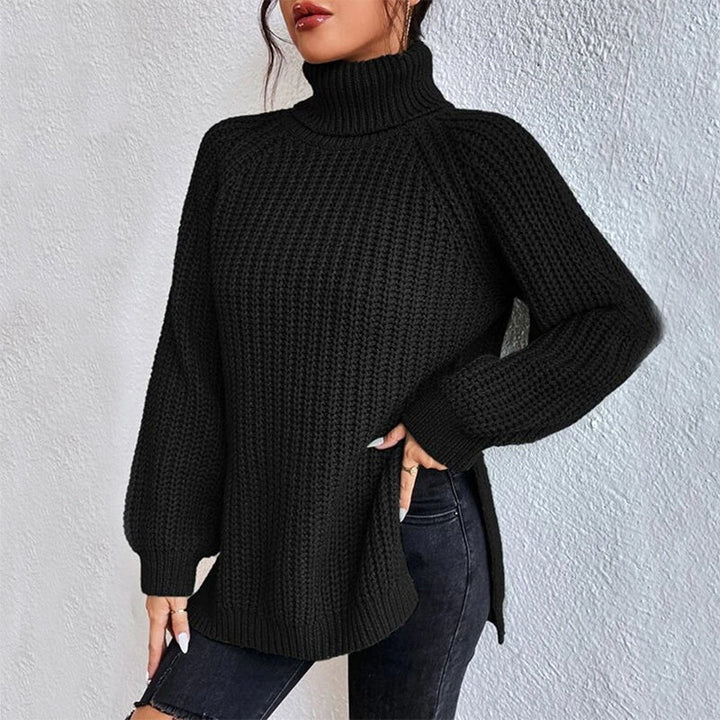 Turtleneck pullover sweater for women with split hem and thick mid-length knit