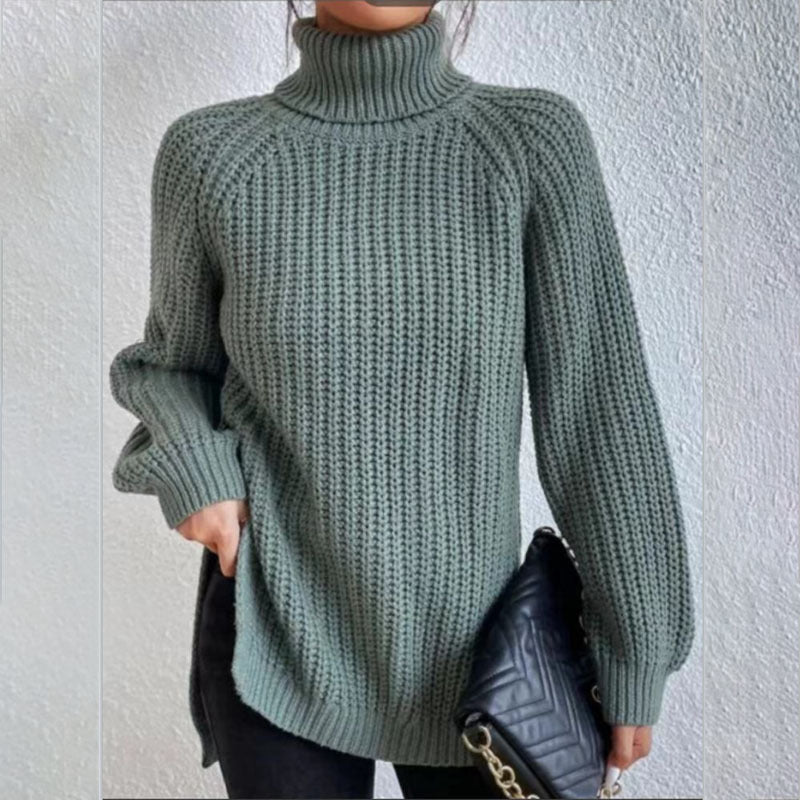 Turtleneck pullover sweater for women with split hem and thick mid-length knit