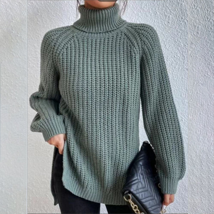 Turtleneck pullover sweater for women with split hem and thick mid-length knit