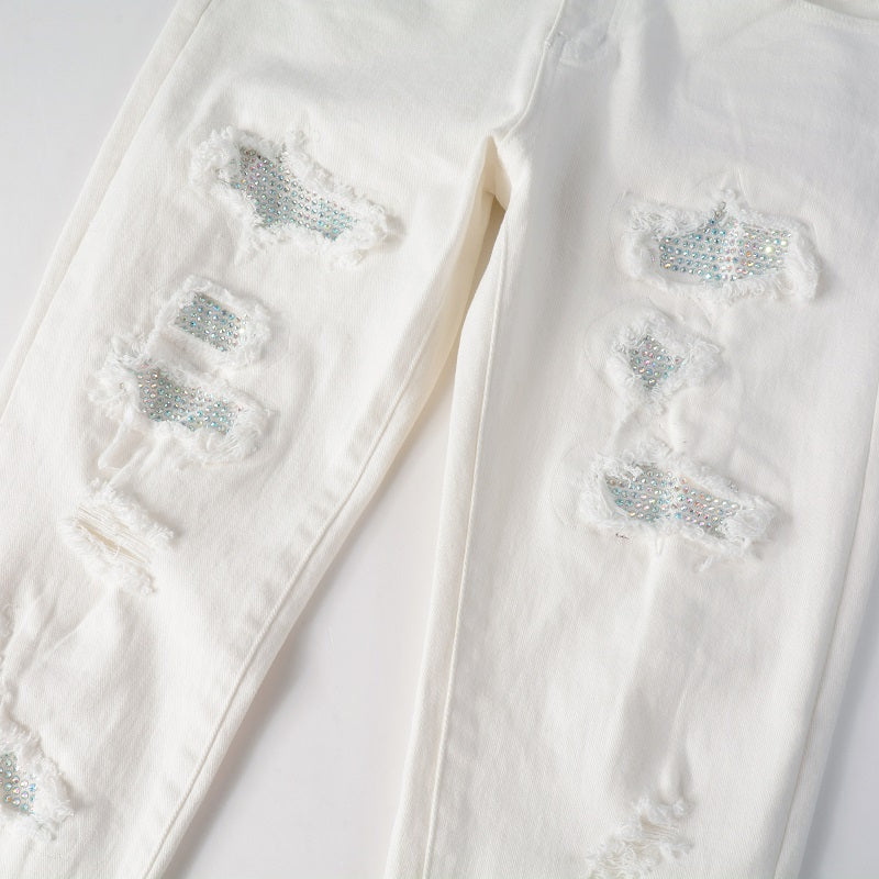 Hot Drill Patch Hole White Slim-Fit Pants for Men