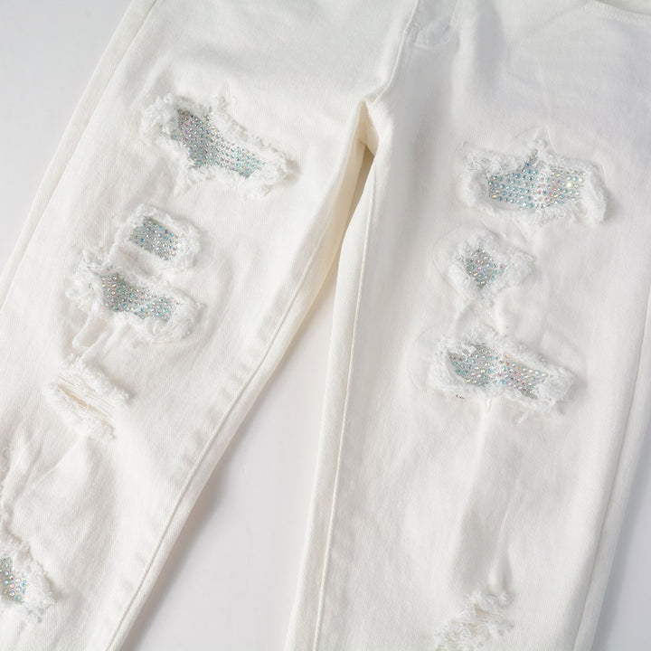 Hot Drill Patch Hole White Slim-Fit Pants for Men